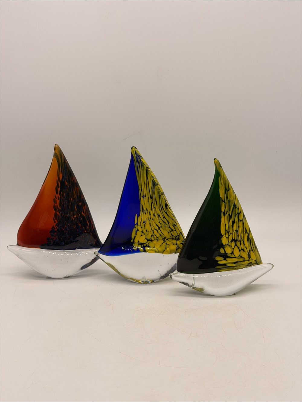 Hand Blown Glass Sail Boats Murano Art Style Blue & Green And Amber Set of 3
